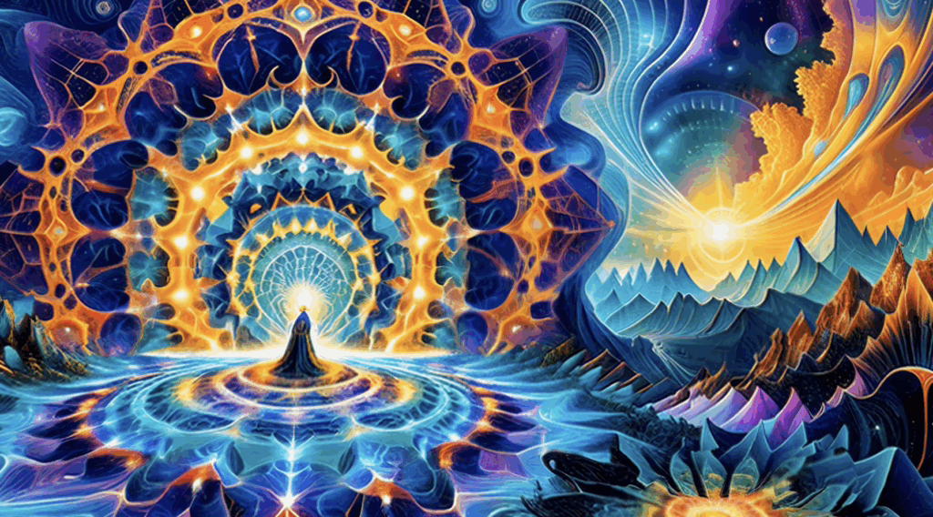 Colossal, luminous sacred geometry structures representing the overwhelming yet peaceful scale of trippy visuals for LSD and shroom trips.